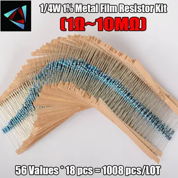 1008Pcs 56 Valori de 1/4W 1% 1-10M ohm Rezistențe cu Film Metalic de Componente Electronice Setați valoarea rezistenței de care ai nevoie