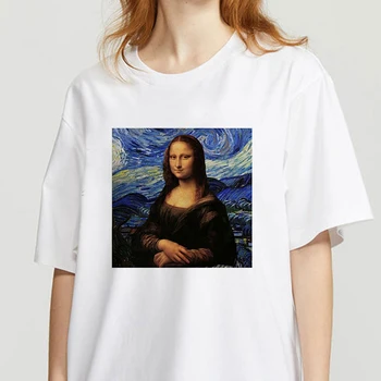 2021 Vara Tricou Femei O Gatului Maneci Scurte Mona Lisa Masca imprimeu Funny T-shirt ' 90 Femeie Tricou Tricouri Casual Alb Topuri