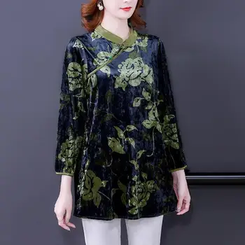 2022 tradițională chineză catifea bluza retro flower print cheongsam topuri femeile hanfu oriental tang costum național chinez bluza