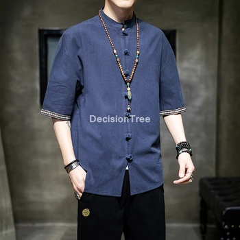 2023 bărbați cheongsam topuri tang costum stil tradițional chinezesc hanfu bluza vrac kung fu uniformă bumbac tricou china tee topuri haina