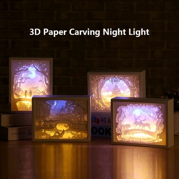 3D Hârtie Sculptură Lumina de Noapte Umbra Caseta de Hârtie Sculpturi Cadru Lămpi de Masă Decorative starea de Spirit de Lumină Desktop Lampa pentru Cadou Constantin
