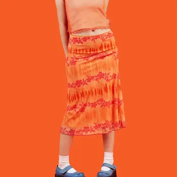 90 de Moda de Vara Femei Boho Plaja Stil Casual Fuste Feminine de Talie Mare Florale Imprimare Portocaliu Fusta Midi Partid Rochie de Vacanță