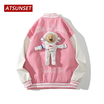 ATSUNSET Astronaut Urs Hip Hop Jacheta de Baseball Harajuku Retro Varsity Sacou Moda Streetwear Bumbac Sacou Haina Topuri