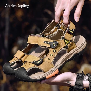 Aur Puiet de Moda Sandale Barbati din Piele Pantofi în aer liber de Vară, Sandale de Plajă Respirabil Agrement Barbati Pantofi Plat Clasic