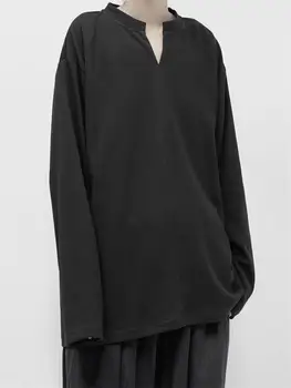 Barbati Negru cu Maneci Lungi Spic Gât Deschis Pierde T-Shirt Mare Tendință de Moda Noua Simplă Și Versatil Casual T-Shirt Haina