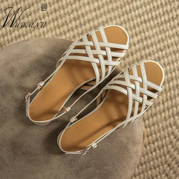 Bej-Alb din Piele PU Plat Cu Femei Sandale Cap Rotund Curea Cataramă Non-Alunecare de Birou, Pantofi Vintage de Designer Rochie Casual Pantofi