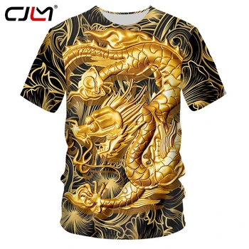 CJLM Nou Stil Barbati Personalizate T-shirt de Imprimare 3D Golden Dragon Rece Gât T Cămașă Om de Vară Liber Supradimensionat Tricou Maneci Scurte