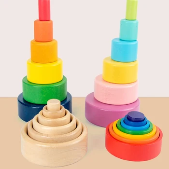 Copilul Din Lemn De Stivuire Curcubeu Cuiburi Cupa Blocuri De Formă Rotundă Natura Lemn Care Pot Fi Stivuite Boluri Colorate Montessori Jucării Pentru Copii Cadouri