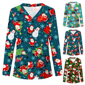Crăciun fericit Halate Medicale Uniforme Maneca Topuri Femeile Bluza V-neck de Lucru Timp de Frumusete pentru Femei Sănătate Navidad enfermeria