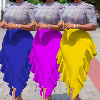 Culoare solidă 2021 Rochii de Moda Pentru Femei Stil Mozaic O-neck Maneca Jumătate Unduiri Rochie Eleganta din Africa Mama Vestidos de Vacanță