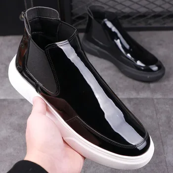 Designer coreean mens casual, cizme din piele de brevet slip-on apartamente platforma pantofi negru chelsea boot de primavara toamna glezna botas de sex masculin