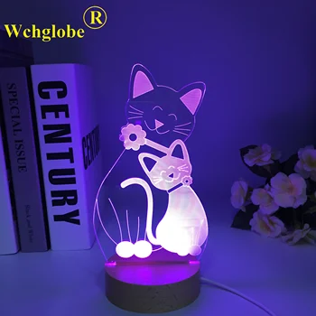 Drăguț Flash Pisica Lampa din Lemn Rotund Culori de Bază Schimbarea Veioza Atmosferă de Lumină 3D Cat de Spirit Atingeți Lampa Decor Acasă Copii Cadou