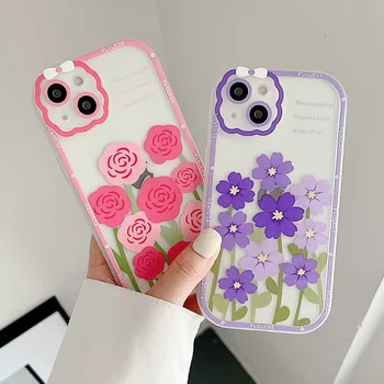 Drăguț Roz Violet Florale de Caz pentru iPhone 11 12 13 14 X XS Pro Max Silicon Caz Clar TPU Telefon Protecție Acoperă pentru Femei Fete