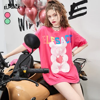 ELFSACK Urs Roz Print cu Maneci Scurte T-Shirt Femei 2022 Vara Vintage Maneca Jumătate de sex Feminin din coreea de Bază de zi cu Zi Topuri