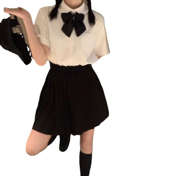 Fata dulce 2 Piesă Japoneză JK Fusta Mini Seturi de Student Bowknot Cămașă Albă și de Înaltă Talie Vrac Plisata Fusta Mini 2pc Tinutele vestimentare