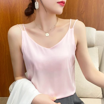 Femei din Satin de Mătase Moale V-Neck fără Mâneci coreeană de Moda Lenjerie de corp Dublu Curele Simplu Rezervor de Top High-End Matasoasa Top Culoare Solidă