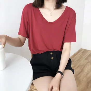 Femei pe scurt cu mâneci tricou de culoare solidă bumbac T-shirt gri 2021