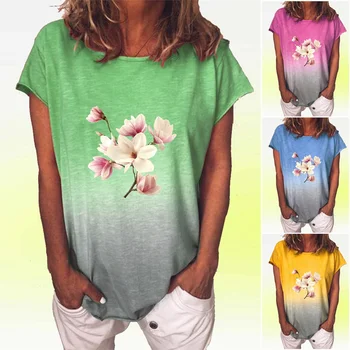 Femeile Gradient de Culoare T-shirt Casual, Guler Rotund Moda de Top Floral Print Tee Camasa de Vara cu Maneci Scurte Sus Doamnelor Pierde T-shirt