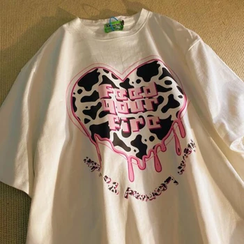 Forma de inima Print T camasa pentru Femei de Înaltă Calitate de Imprimare Maneci Scurte Gât O Femeie T-shirt Bumbac Spandex Tricou Femei