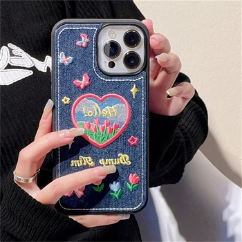 Ins coreean Floare Drăguț Denim Brodat Telefon Caz Pentru iPhone 14 13 12 11 Pro XS Max X XR Dragoste Inima Y2k la Șocuri husă Moale