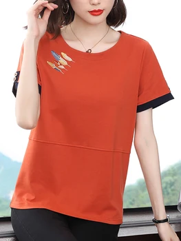 Maneci scurte din Bumbac Tricouri Femei Broderie Tricou coreeană de Moda Haine Tricou 2022 Chic Butonul de Sus de Vară Tees T-shirt