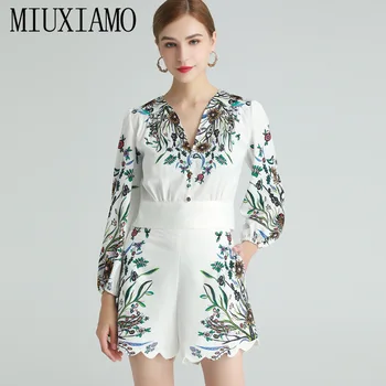 MIUXIMAO 2021 Primavara-Vara Flori Print Short Sleeve V-neck Moda Top Alb + Mini-Pantaloni 2 Bucata Set Femeile Vestidos