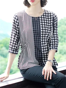 Moda coreeană Birou Doamnă O-gât Mozaic Jumătate Maneca Carouri Imprimare Vrac Vara T-shirt Confortabil Popularitate Haine de Femei