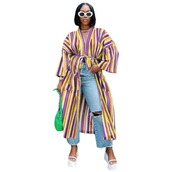 Moda Cu Dungi Haine Africane Split Buzunare Curea Liber Haină Lungă Cardigan Primavara Toamna Casual Ankara Haine De Stradă Vestidos