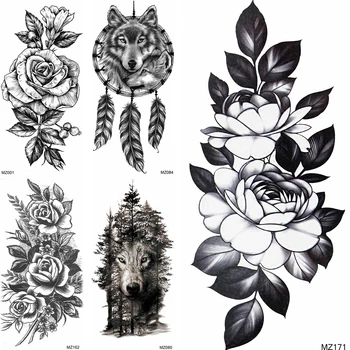 Negru Cu Flori Tatuaje Temporare False Lup Dreamcatcher Pădure Tatuaje Pentru Petrecere De Vacanță Femei Barbati Body Art Piept Tatuaj Braț Decal