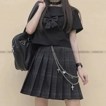 [Negru gri] Fata de Scurtă/Lungă maneca Talie Mare Fuste Plisate Fuste Carouri Femei Rochie Pentru JK Uniformă Școlară Anime Studenți