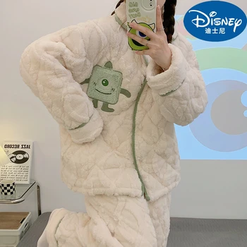 Noi Disney Anime Mike Wazowski Coral Catifea Pijamale Femei De Iarnă, Trei Straturi De Bumbac De Pluș Pijamale Desene Animate Acasă Două Bucata Costum