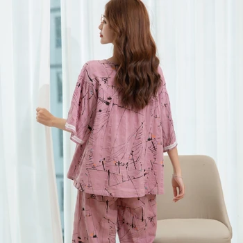 Pijamale femei de vară cu mânecă scurtă Japoneză costum din două piese subțiri liber de mari dimensiuni casual serviciu acasă violet roz dantela halat de baie