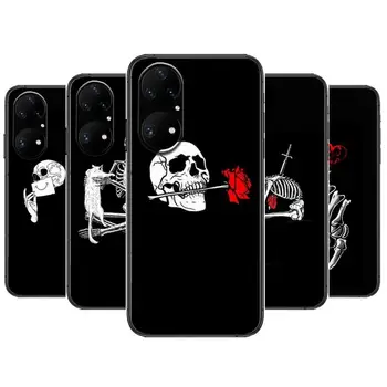 Rose Parte Scheletul Craniului Cazul în care Telefonul Pentru Huawei p50 P40 p30 P20 10 9 8 Lite E Pro Plus Negru Etui Coque Pictura Hoesjes de benzi desenate fa