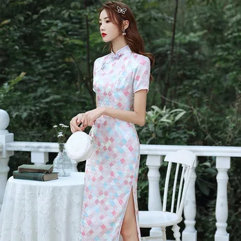 Roz de Imprimare Mandarin Guler Qipao Timp Raionul Teaca Elegant Butonul Chineză Rochie Vintage Femei de Mari Dimensiuni S-3XL Vestidos
