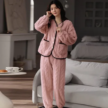 Roz Flanel Cald Pijamale Sexy Pijama Calde Seturi de 2 BUC Toamna Iarna Dobby Pijamale, Costume Softy Intima, Pijamale Lounge Purta