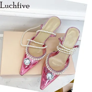 Roz PVC Cristal Sandale Femeie Transparentă a Subliniat Toe Perla Curea Glezna Subțire Toc Înalt Sandale de Vara Sexy petrecere de Nunta Pantofi