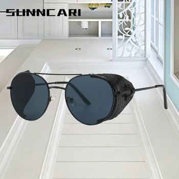 Runda Steampunk ochelari de Soare Barbati Clasic de Brand Designer de Epocă Punk Nit Folie de Ochelari de Soare Retro din Piele Ochelari De sex Masculin UV400