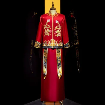 Stil chinezesc Mirele Rochie de Mireasa de Epocă Barbati Dragon Broderie Qipao Căsătorie Tang Costum de Haine китайская одежда