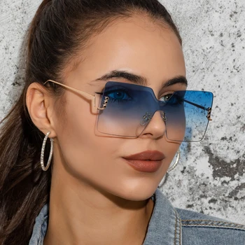Supradimensionat ochelari de Soare Patrati de Femei de Moda, Cadru Mare-O singură Bucată fără ramă de Metal Ochelari de Soare pentru Femei Large Flat-Top Ochelari Unisex