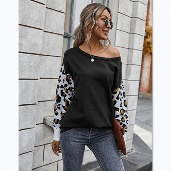 Toamna Femei Lungă cu mâneci Pulover-Un fel Gât Împletit Leopard de Imprimare Drop-umăr Maneca Top Femei Sexy Casual T-shirt