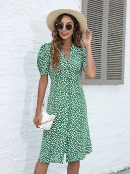 V Gât Midi Rochie Camasa Femei Daisy Rever Singur Pieptul Vestidos Verde Vintage De Vara 2023 Stil Plajă Formale Rochii De Seara