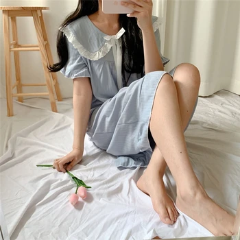 Vara Cămașă De Noapte Albastră Drăguț Peter Pan Guler Lung Pijamale Cu Maneci Scurte Casual Bumbac Homewear-Coreean Dulce Moale Arc