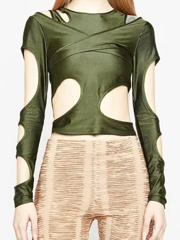Y2k Gol Afară Topuri cu Maneci Lungi Pentru Femei Haine de Moda Mujer Sexy Casual Buric-lessT-tricouri Monofazate Cruce Verde Silm Streetwear