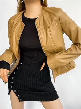 ZXQJ Femei Kaki Faux din Piele Jacheta 2021 Moda Toamna Doamna Pocket Slim Streetwear Haină Scurtă de sex Feminin PU Solidă Gât O Îmbrăcăminte exterioară