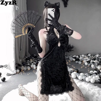 ZyzR Doamna Clasice Fantă Mare De Catifea Neagră Cheongsam Tentația Uniforme Femei QiPao Rochie Sexy Lenjerie, Pijamale, Costume Exotice